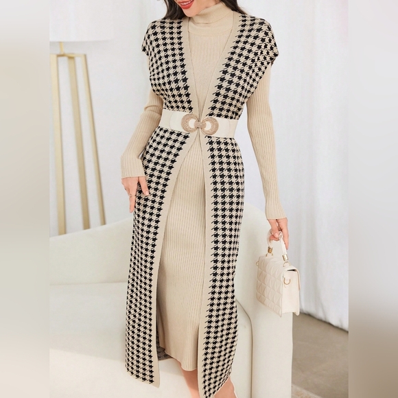 Women Solid Color Turtleneck Long Sleeve Minimalist Dress And Jacquard